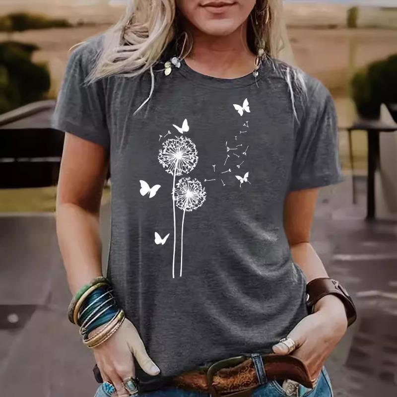 

Women s Dandelion Patterned Round-neck Short-sleeved Casual and Fashionable T-shirt XXL
