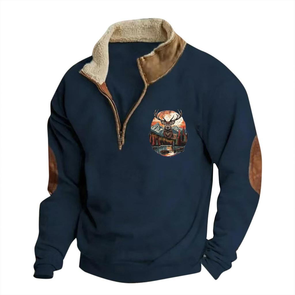 Podzim Zima Vintage Pánské Bundy 3D Elk Potištěný Kovboj Dlouhé Rukávy Fleece Bavlna Poloviční zip Pánské Kabáty Mikiny Mikiny