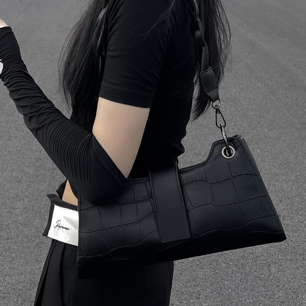 Black Crocodile Pattern Shoulder Bag for Women - Adjustable Strap, Magnetic Closure, Retro Style, Sleek Design with Golden-Tone Hardware