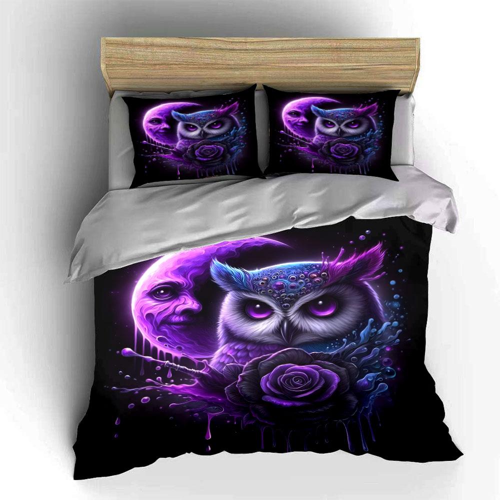 Mystical Owl and Moon Art Bedding Duvet Cover Set (1*Duvet Cover 2*Pillowcases, Without Duvet Insert)