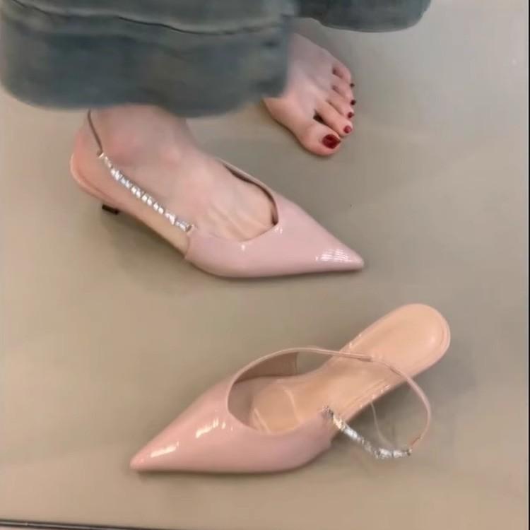 Sheepskin Version~ Gentle Temperament Shallow Mouth Back Strap Rhinestone High Heels Women's Simple Back Empty Tip with Skirt Sandals