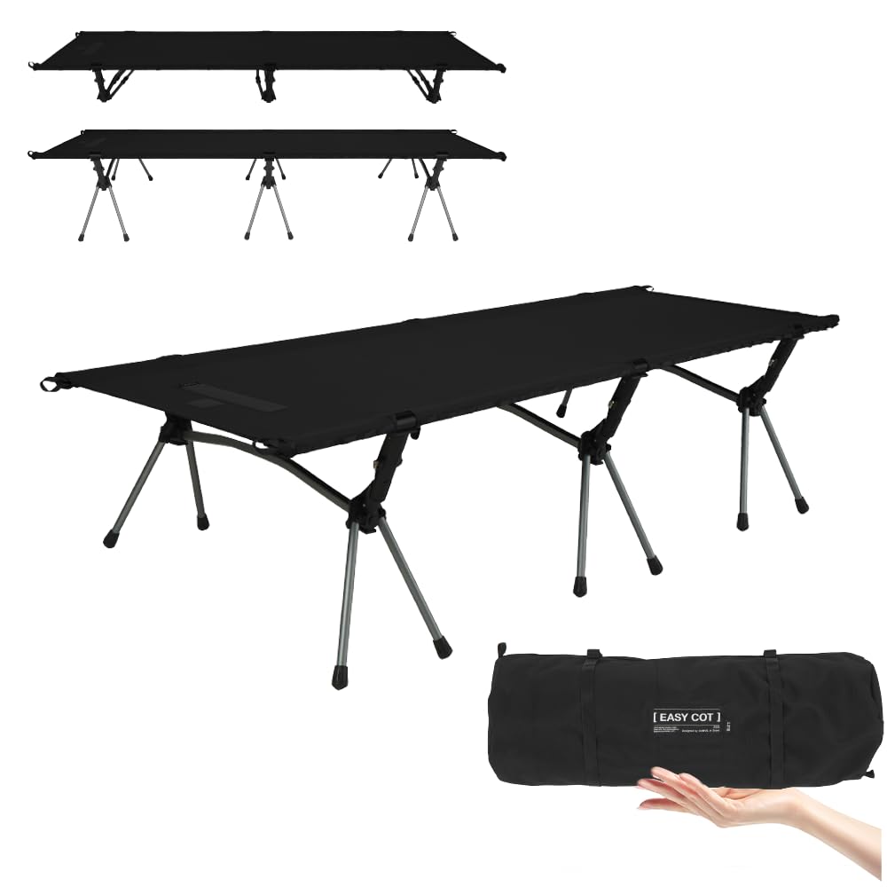 CAMVIL EASYCOT Adjustable Cot with High Density 1000D Oxford and Pillow Lightweight Camping Quiet Width Load Capacity 2-WAY Cover, High/Low