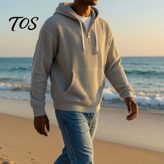 Fashionable Party Wear for Men Hooded Sweatshirt, Quarter Zipper Long Sleeve Pullover Hoodie, Warm Layering Tops Winter Corduroy Sweatshirt