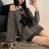 Y2K Hole Star Print T-Shirt Women Fashion Streetwear Off Shoulder Tops Summer Oversized Kpop Long Sleeve Loose Tees Ladies