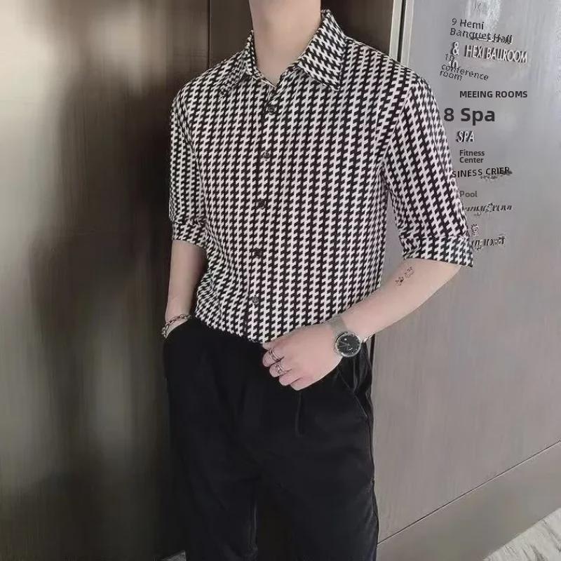 Men's Trendy Korean Slim-Fit Striped Shirt with Three-Quarter Sleeves