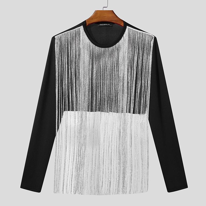 INCERUN Men Round Neck Front Tassel Patchwork Long Sleeve Casual Crop Tops T-shirts