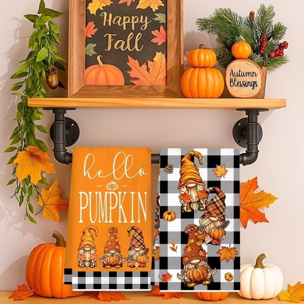 2Pcs Maple Leaf Fall Gnome Dish Towels Microfiber Thanksgiving Dish Cloths Kitchen