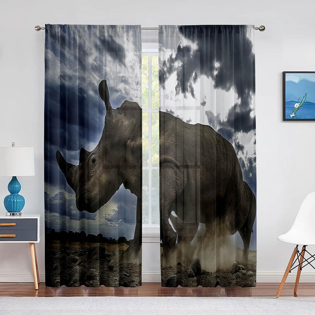 Wildtier Nashorn Grau Schwarz Tüll Vorhänge für Wohnzimmer Schlafzimmer Dekoration Transparent Chiffon Transparent Voile Fenstervorhang