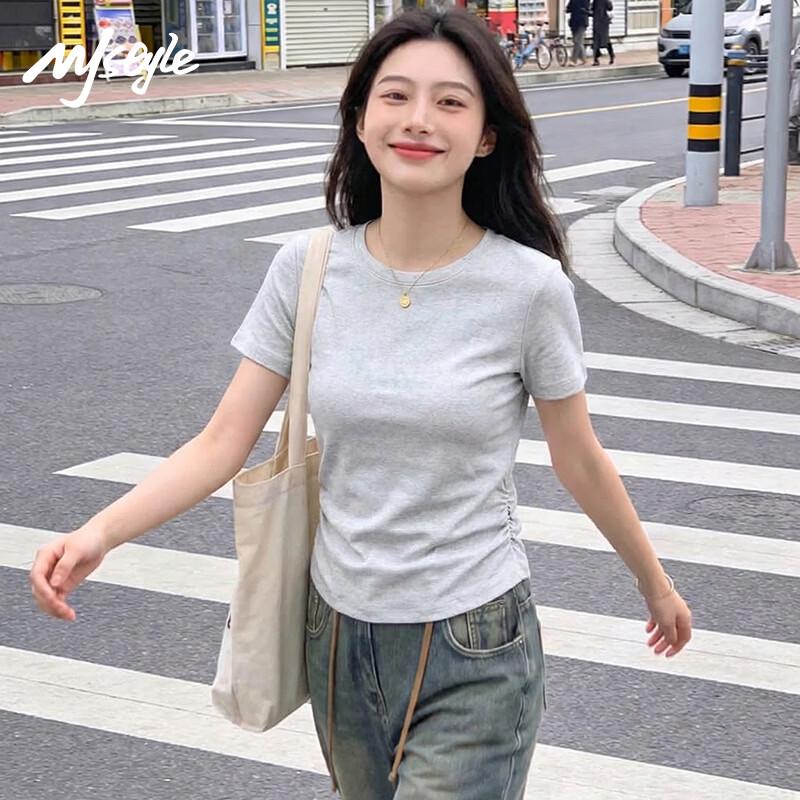 

MJ STYLE Women s Ruched Slim Fit Round Neck Short Sleeve T-Shirt S