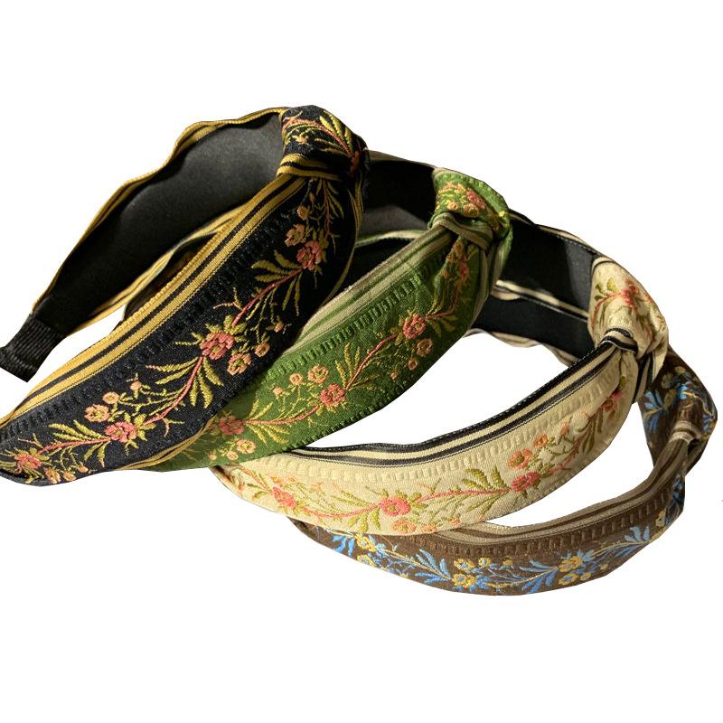 Vintage Women Girls Headband Floral Embroidery Tape Bow Knot Hairband for Ladies Daily Shopping Dress Up Hair Hoop Accessories