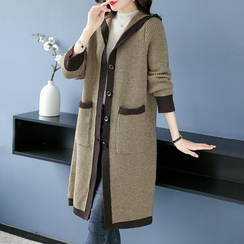 

В язаний жіночий кардиган з капюшоном Вільний і товстий довгий светр Жіночий кардиган вище коліна верблюд