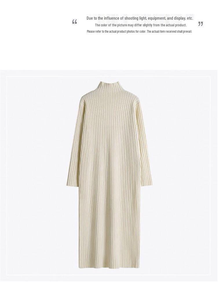 Women's Mid-Length Wool Knit Dress - Loose, Long Sleeve, Half-High Collar, Perfect for Layering Under Coats, Autumn & Winter Wear.