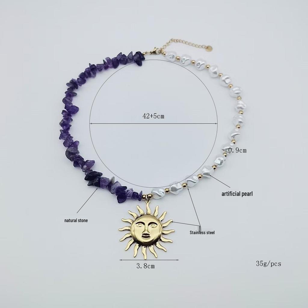 Bohemian Pearl Chip Beaded Sunflower Choker Necklace in Two-Tone Stainless Steel