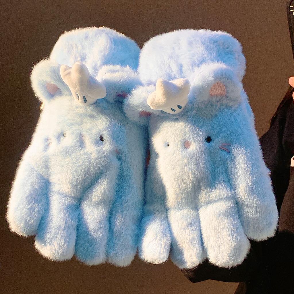 Cute Blue Cat Plush Five Finger Gloves for Women Winter Warm and Velvet Thickened Windproof Cycling Bike New Style