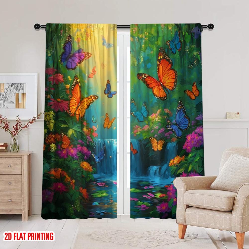 2pcs,2D Plane Printing Curtains Digital Printed Butterfly Paradise Versatile Polyester Fabric (without Rod) All Seasons for