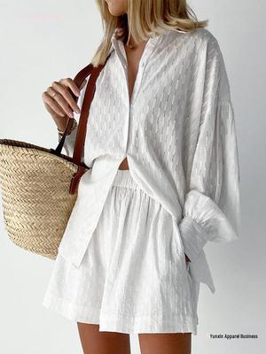 2026 Autumn Women's European-American Style Jacquard Puff Sleeve Shirt and Shorts Casual Set