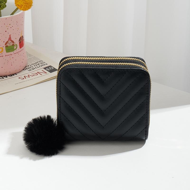 New Double-layer Wallet, Twill Hairball Decoration, Women's Short Hand Change Bag, Casual Bag, One Generation
