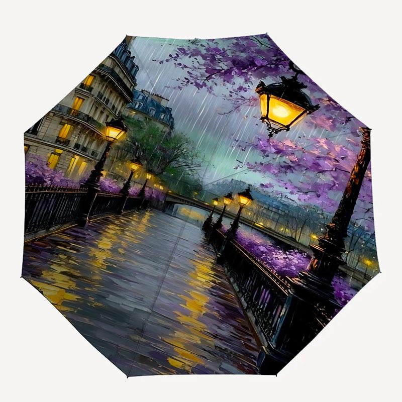 Ombrello Automatico Apri e Chiudi a Tema Fiori Viola del Canale Parigino, Ombrello Portatile Colorato con 8 stecche, Adatto per Uomini e