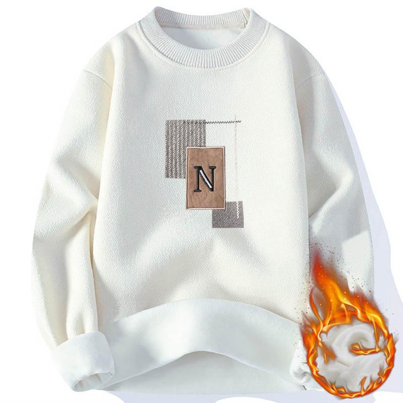 Men's Sweater Patckwork Round Neck Pullovers Fleece Lined Thick Warm Winter Knitwear Fashion Jumpers Men's Clothes