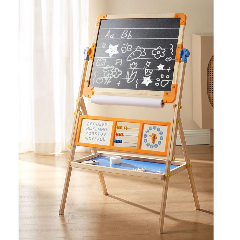 Easel for Kids with Paper Roll Learning Toy Magnetic Stickers Double Sided 360 Degree Rotating Kids