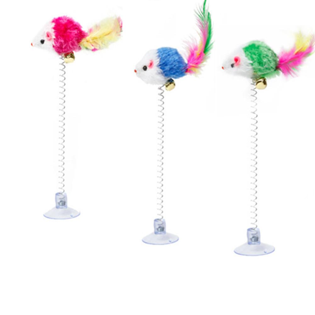 Plush Elastic  Swing  Mouse  Cat  Toys Suction Cup Spring Feather Stick With Bell Colorful Interactive Stress Relief Pet Supplies