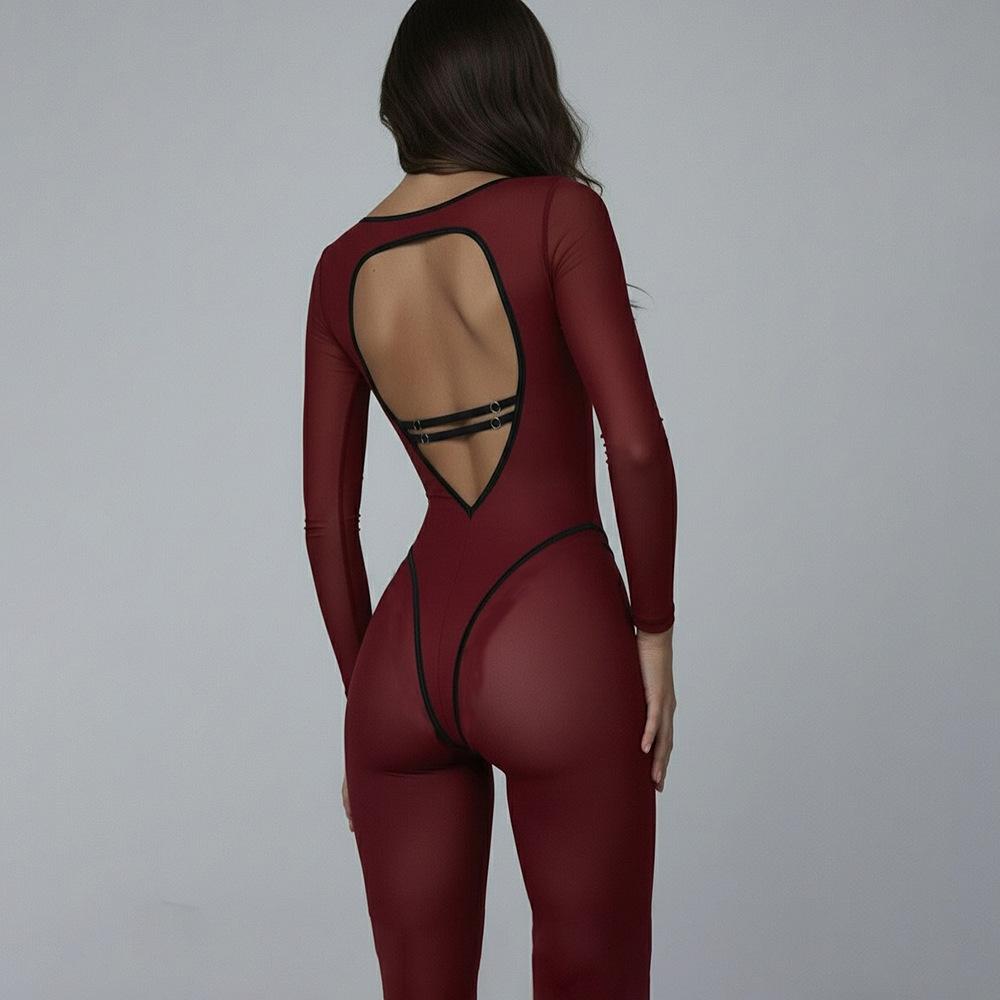 Tuta da Donna a Maniche Lunghe con Scollo Quadrato Slim Vita Alta Sexy Rete Solida Striscia a Contrasto Autunno Tuta da Yoga