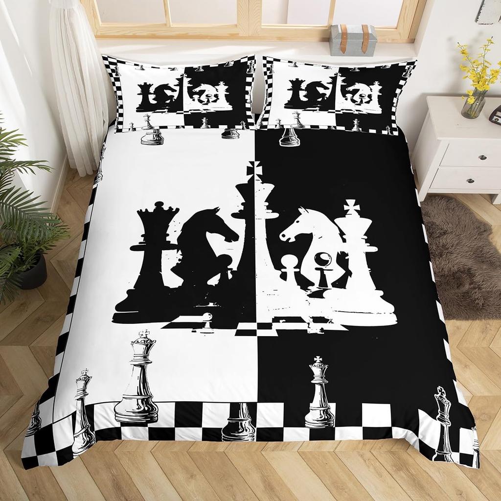 Chess Duvet Cover Buffalo Plaid Check Bedding Set Chess Sports Games Quilt Cover Checkerboard Comforter Cover with 2 Pillowcases