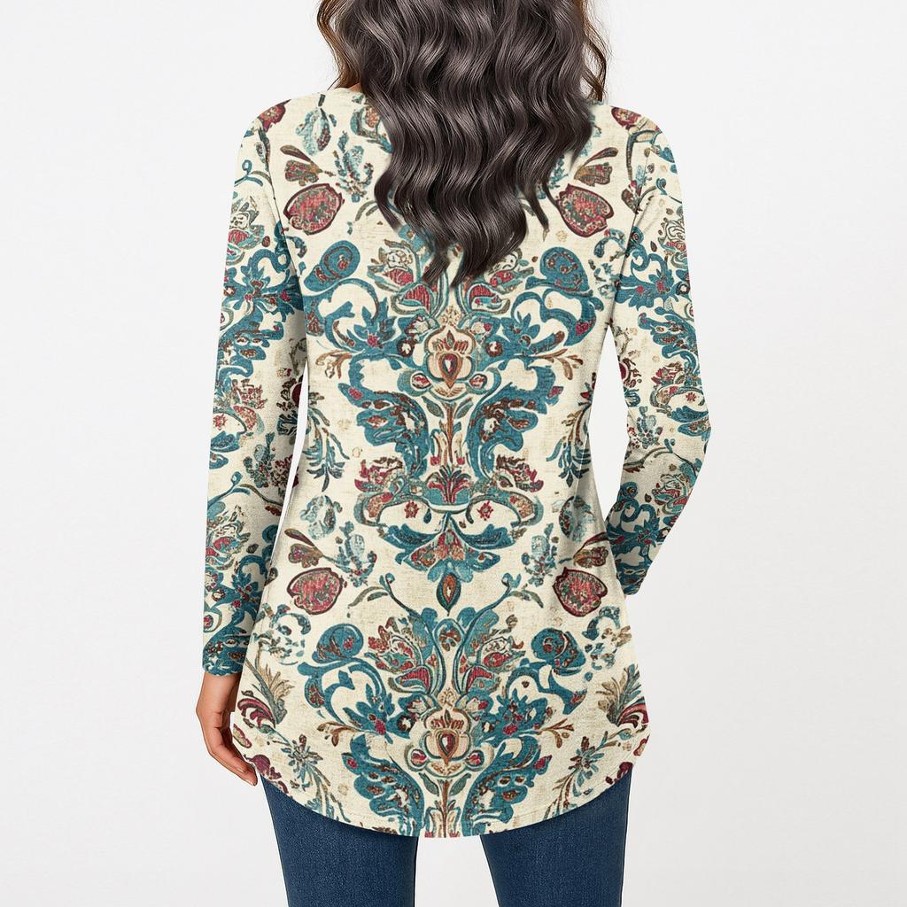 Women's Casual Plus SizeLong Sleeved Round Neck Vintage Ethnic Printing T-shirt Top Pullover