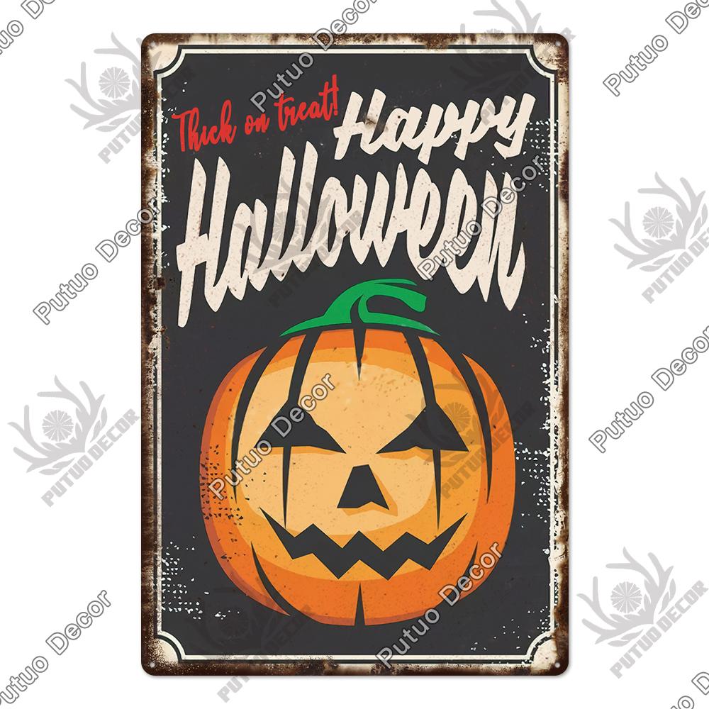 Putuo Decor Halloween Vintage Tin Signs Plaque Metal Plate Retro Poster Wall Art Decoration for Home Bar Living Room Door Yard