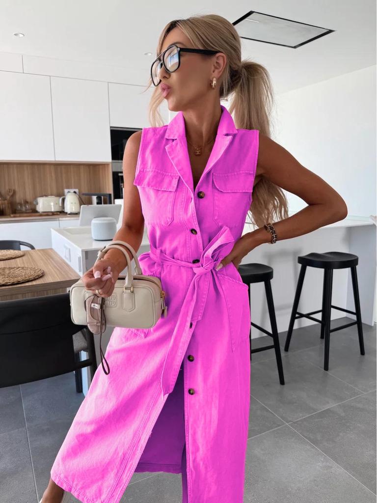European & American Style Sleeveless Tie-Waist Denim Dress