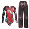 Long-sleeved Sunscreen Swimsuit Women's High Elastic Thickened Mesh Loose Trousers European and American Swimwear Fitness One-piece