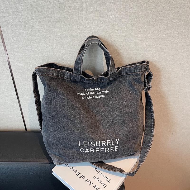 Korean Style Washed Denim Crossbody Tote – Large Capacity with Retro Letter Print (2025 Edition)