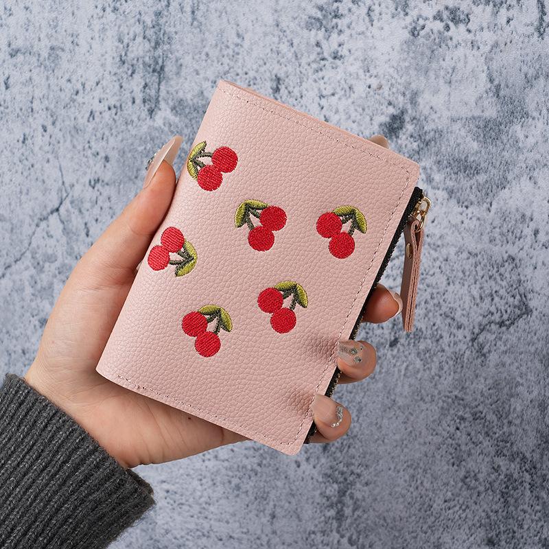 Cute Cherry Embroidered Small Short Wallet Simple Wallet Girls Multi-Cards Holder Coin Zipper Purse for Women