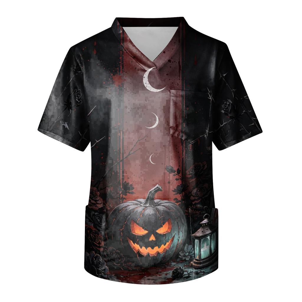 Men's Halloween Print Scrub Top Short Sleeve for Work Uniform