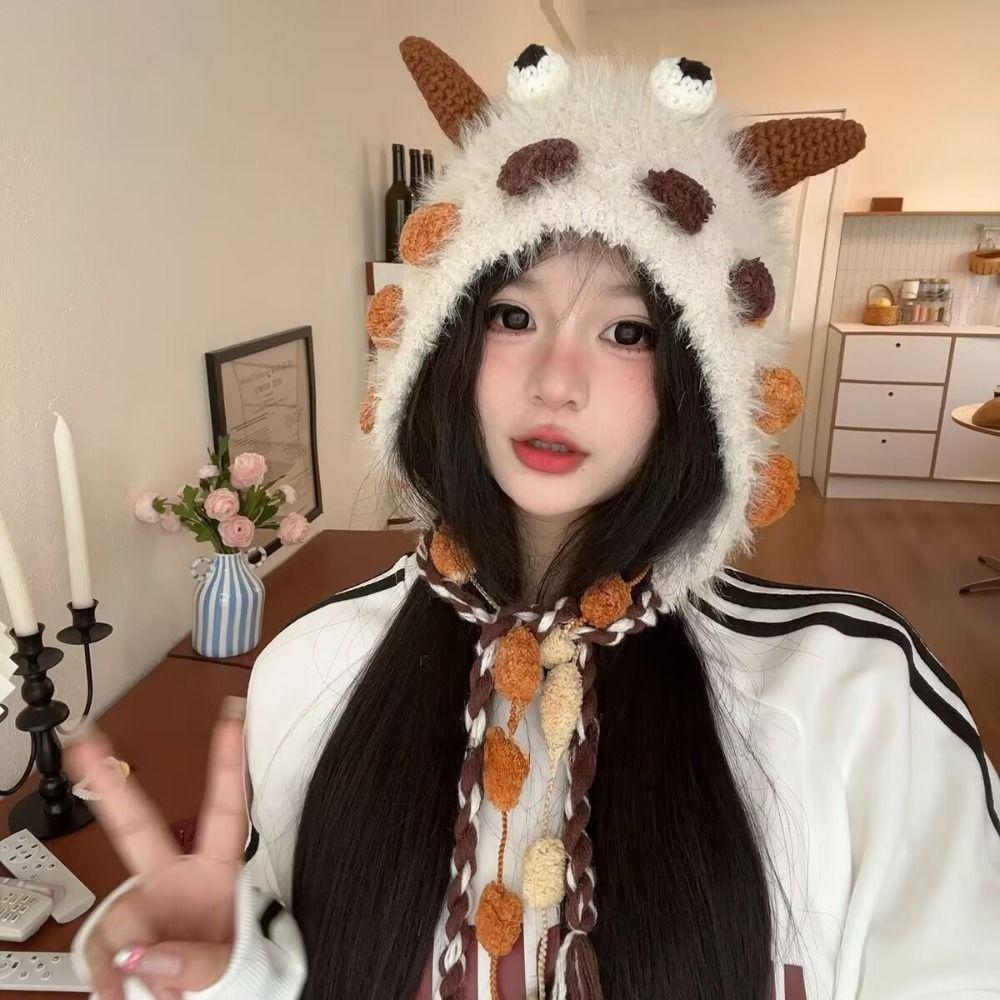 Knit Cleat Plush Beanies Hat Earflap Tassels Hat Cute Alpaca Fiber Pullover Cap Outdoor
