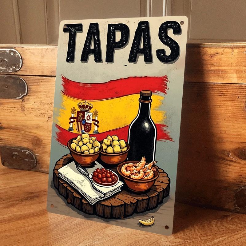 

One Spanish-style tapas-themed tin wall hanging plaque featuring national flag and food elements. Suitable for kitchen, dining r (as the picture,20x30cm)