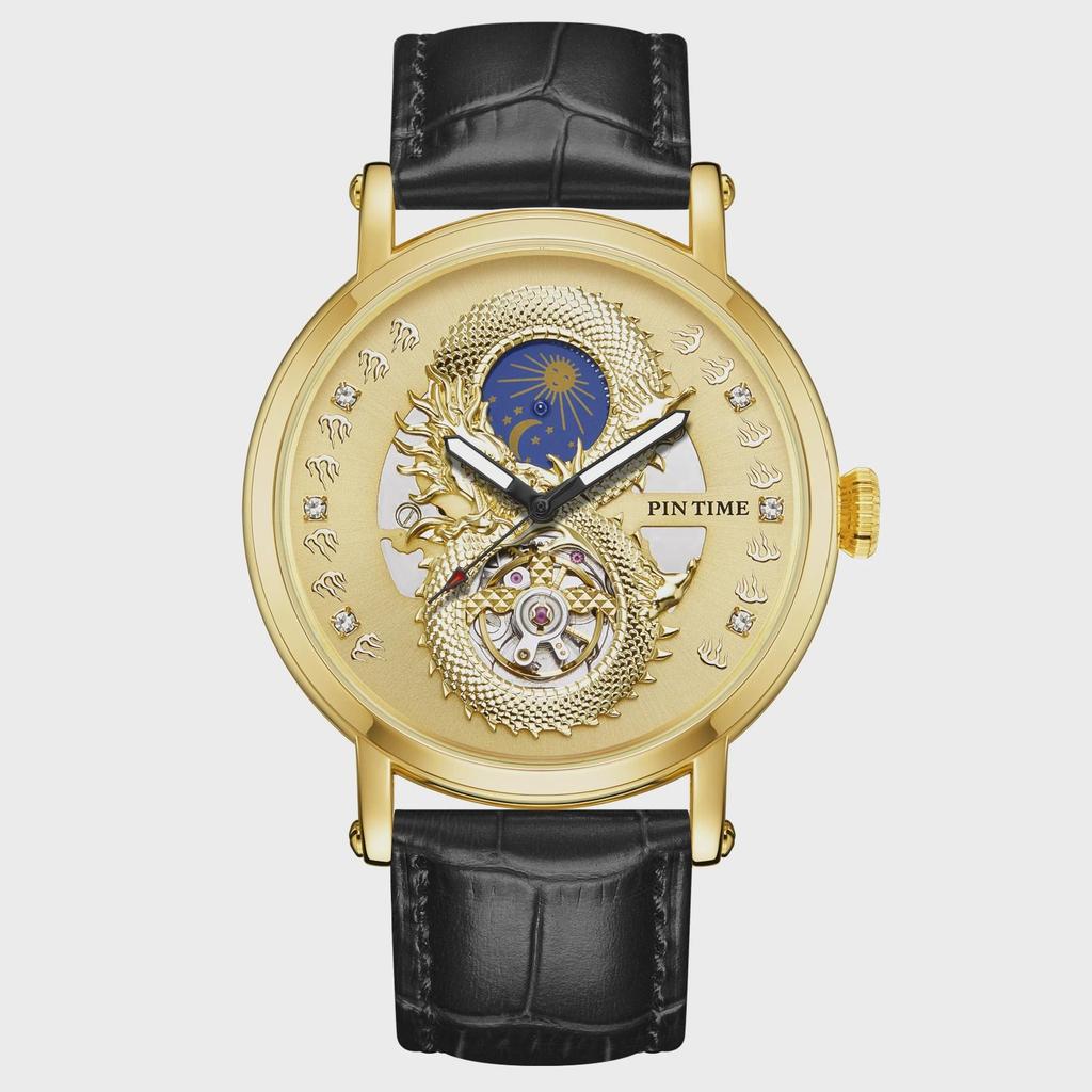 PINTIME Luxury Gold Stainless Watch Dragon Skeleton Mechanical Watch Men Moon Phase Tourbillon Wristwatch