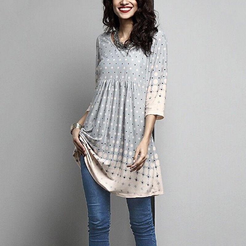 Elegantes Plus Size Damen Druck Langarm Mini Kleid T-Shirt Tunika Herbst S-5XL