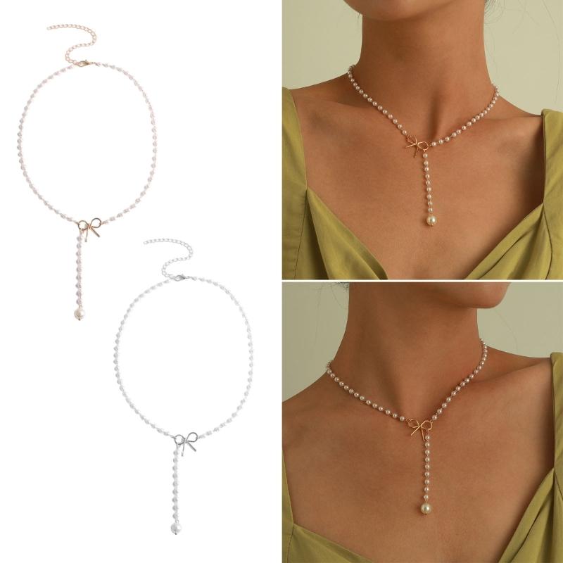 Sweet Bowknot Tassels Pendant Necklace Fashion Pearls Chain Choker Simple Collar Necklace Clavicle Chain Party Jewelry