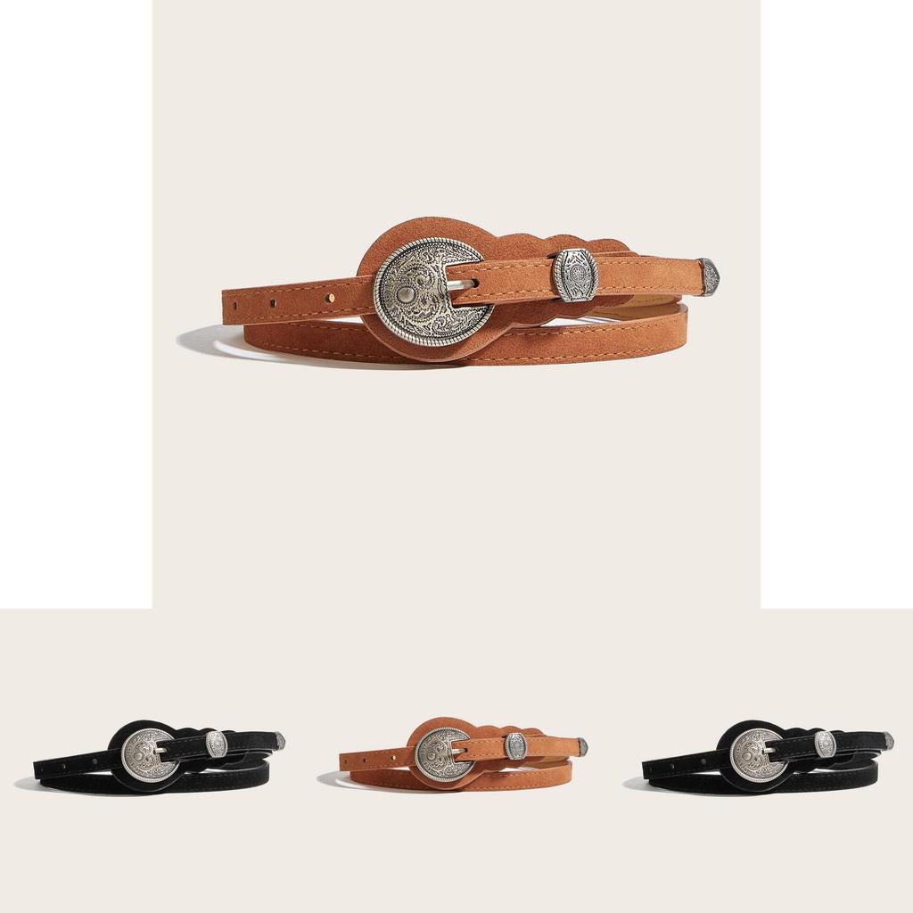 Ethnic Style Solid Color Oval Metal Buckle Decoration Suede Women Casual Belt For Retro Style