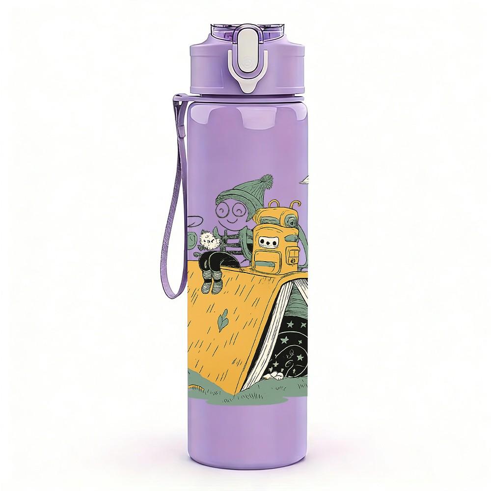 1PC Camping Tent Cartoon Art 750ml Color Plastic Sports Water Bottle Leakproof Flip Straw Lid Suitable for Sports Office Home Use