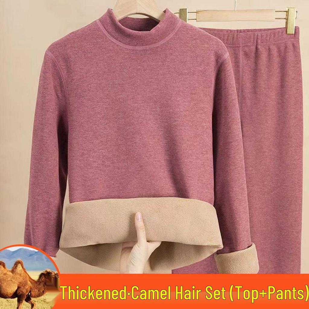 Women's Camel Hair Thermal Underwear Set: Thickened Autumn/Winter, Round or Half High Neck, Super Thick and Warm.