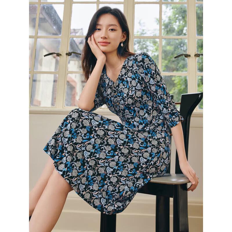 JIUZI ANNACA Elegante Damesstijl 3/4 Mouw Gerimpelde V-hals Slim-fit Gebreide Jurk