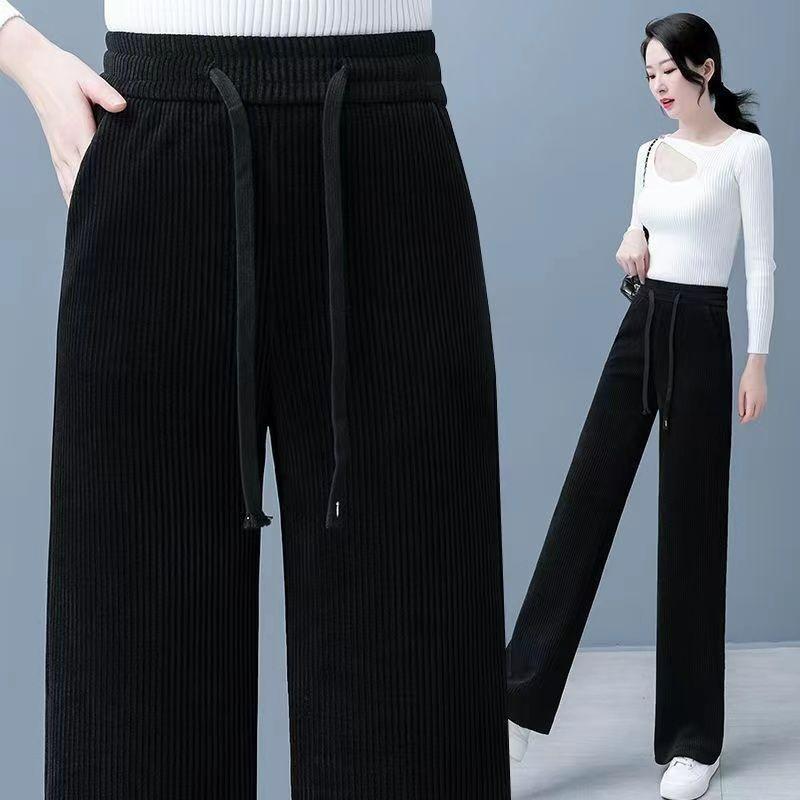 Women's Spring High Waist Corduroy Wide Leg Pants Drawstring Loose Full Length Straight Trousers Slimming Drape Casual Pants