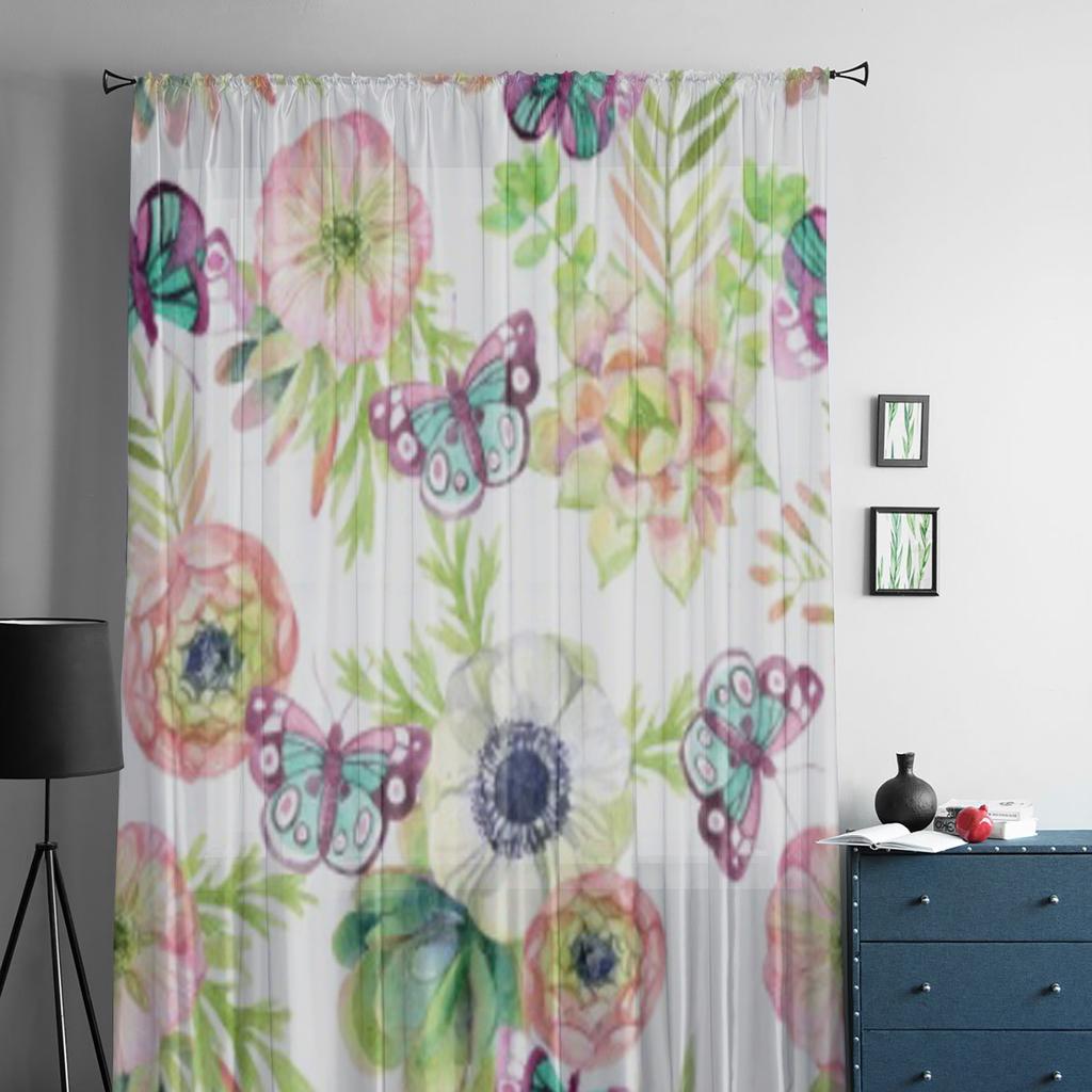 Akwarela Motyl Kwiat Przezroczyste Zasłony Do Salonu Przezroczyste Tiulowe Zasłony Okien Sypialnia Kuchnia Dekoracja Welon Zasłony