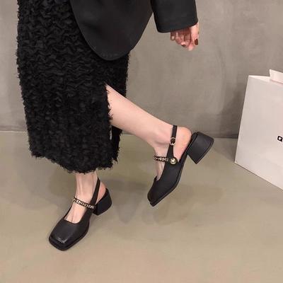 Sense Polished Square Head Mary Jane Shoes Thick Heel Bag Head Sandals Retro Commuter Buckle Empty Women's Single Shoes