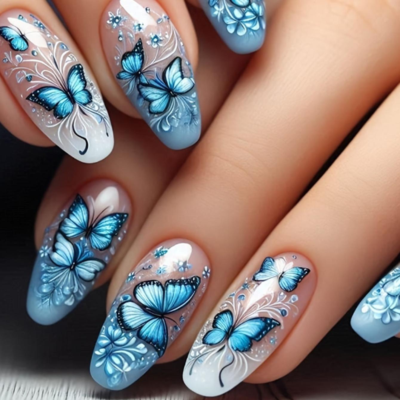 24Pcs Medium Coffin Press On Nails, Nude with Blue Gradient Butterfly Flower Fake Nails for Elegant Women United States