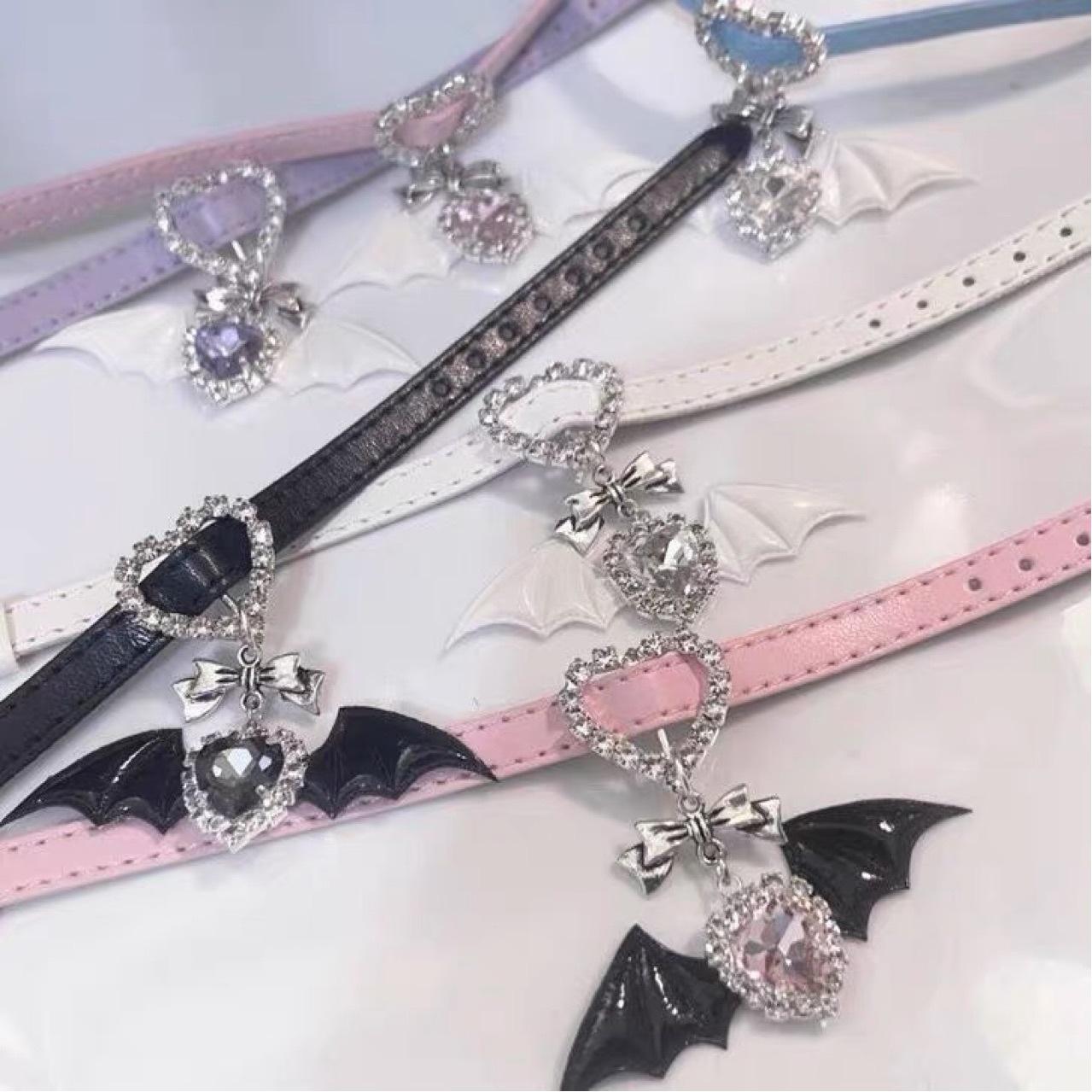 

Lolita leather love angel little devil bow rhinestone bracelet choker collar subculture рожевий
