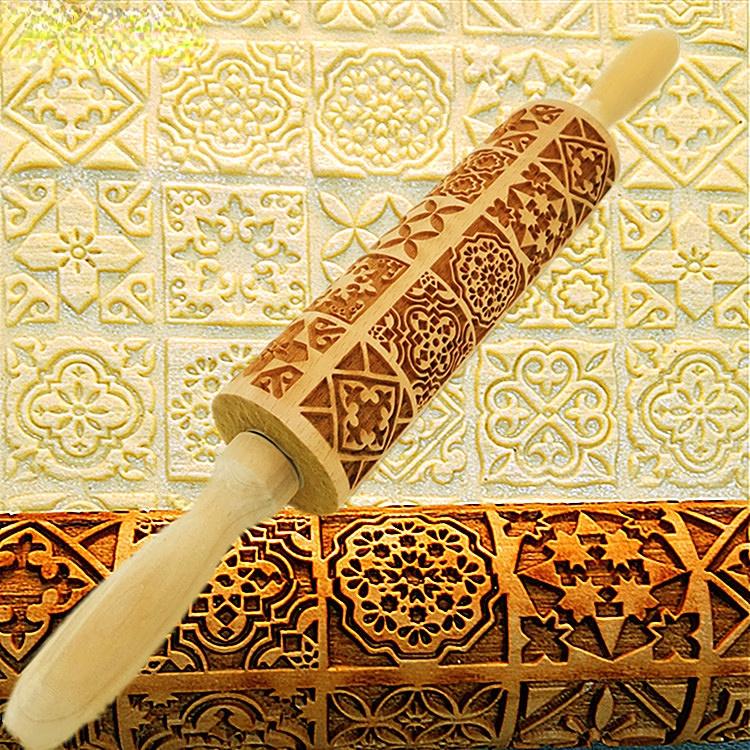 Christmas Rolling Pins Rock Snowflake Elk Wooden Rolling Embossing Baking Cookies Biscuit Fondant Cake Patterned Roller 35*5cm