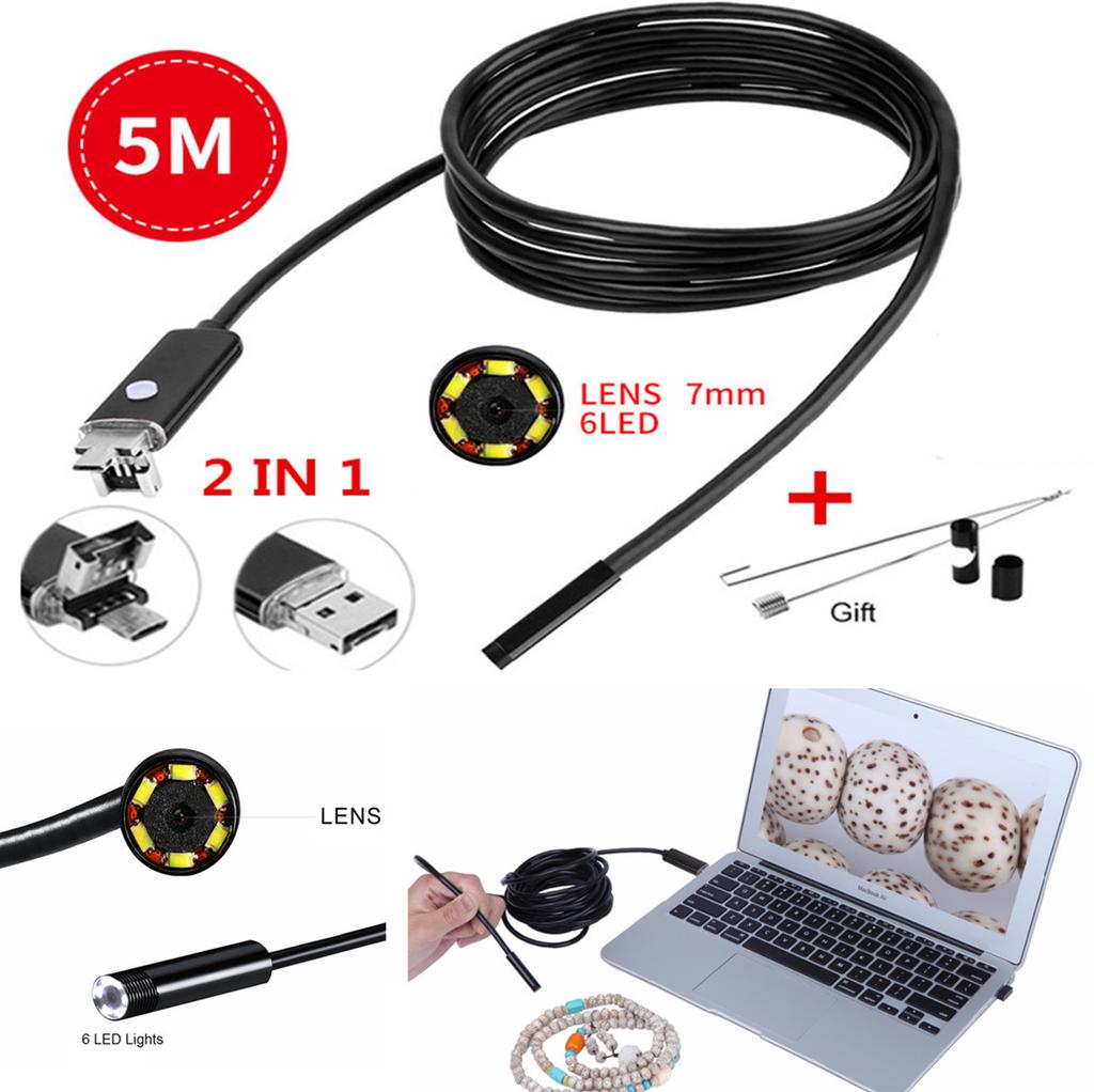 5M Car Endoscope 7mm Endoscope HD USB Android 6 LED Inspection Borescope Camera